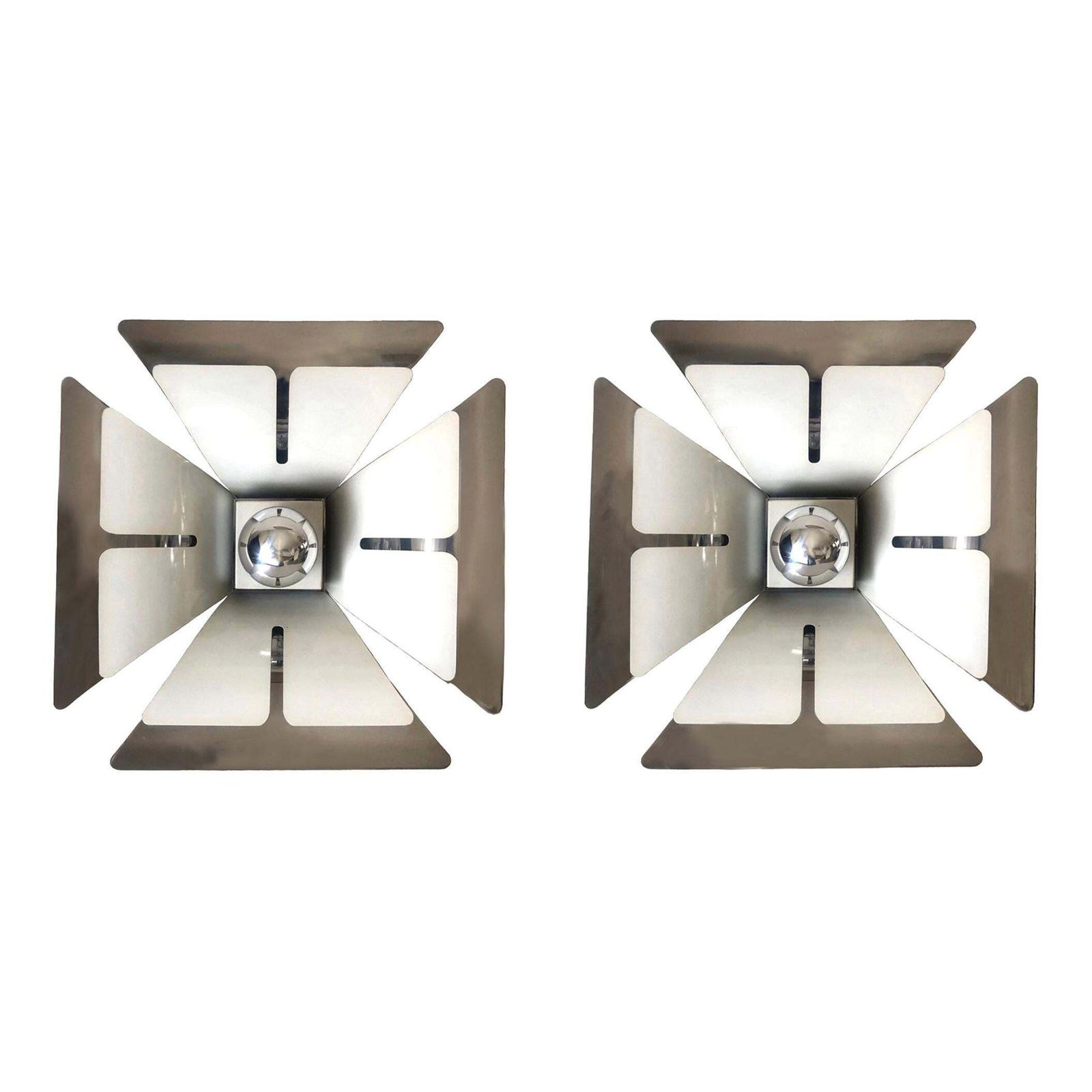 Pair Of Mid Century Italian Metal Flush Mounts By Reggiani, 1970s