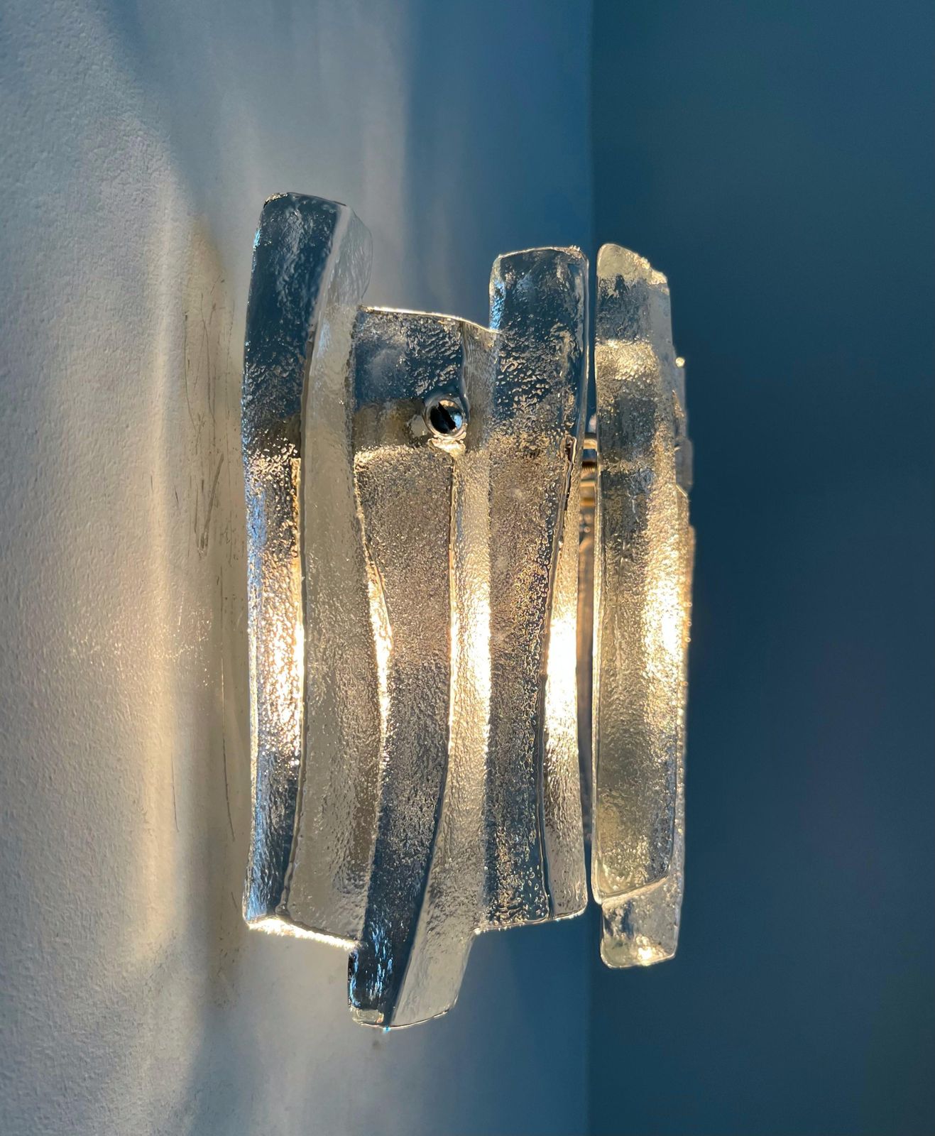 3198.0 Austrian Midcentury Pair Of Ice Glass "Fuego" Wall Sconces By Kalmar, 1970s photo