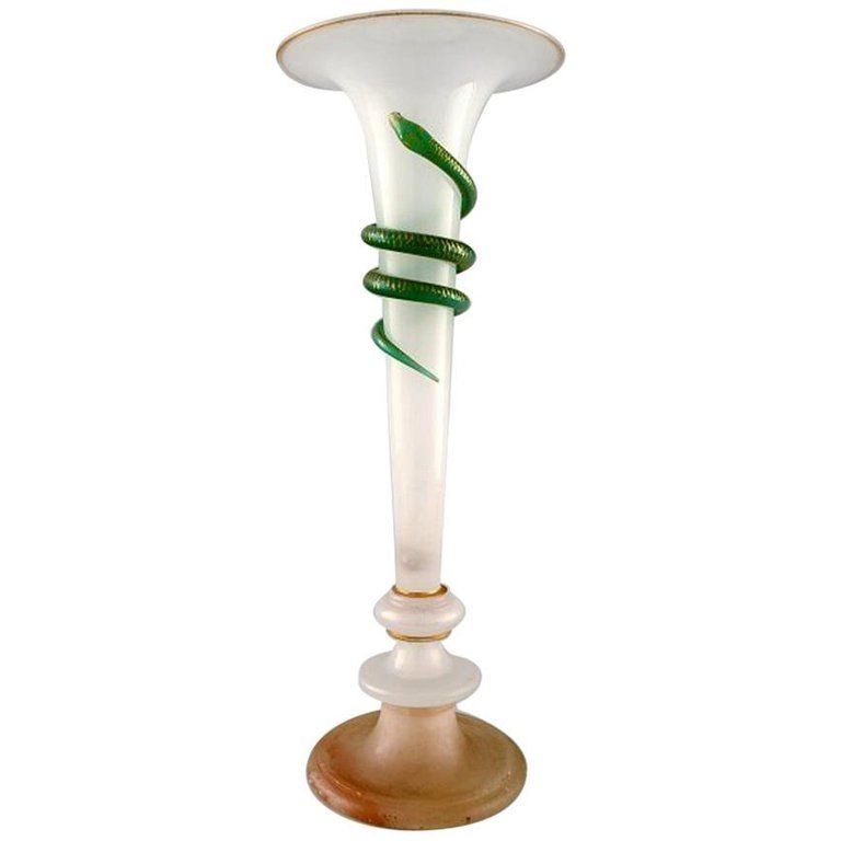 Large Art Nouveau Opaline Glass Vase With Green Snake