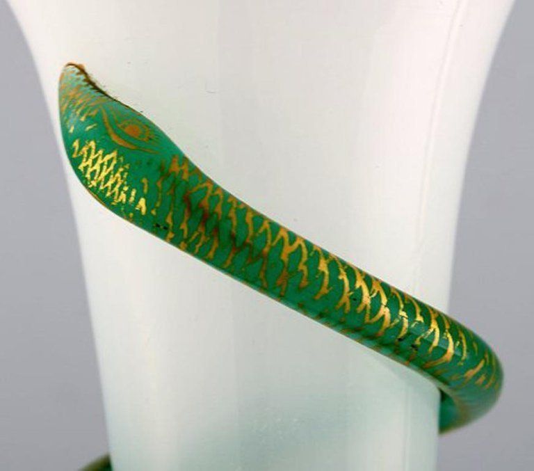 Large Art Nouveau Opaline Glass Vase With Green Snake photo vinterior