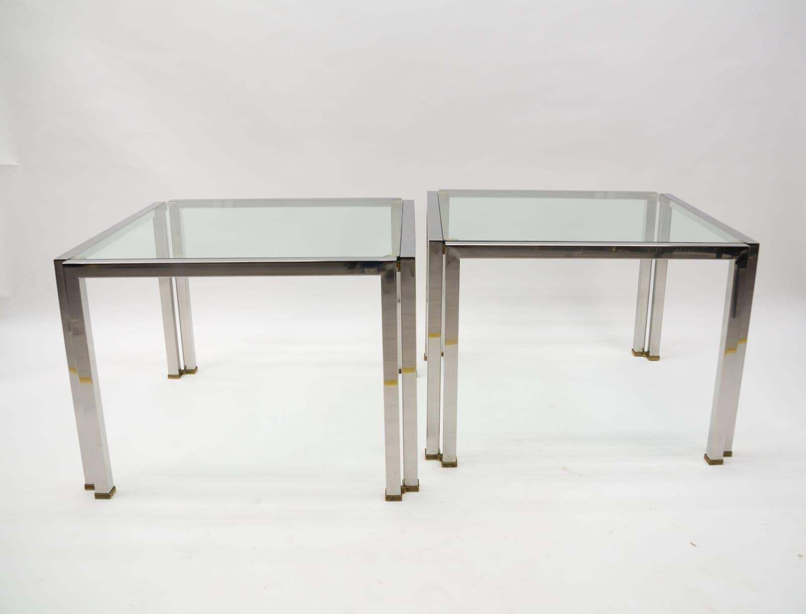 Pair Of Brass, Chrome And Glass T28 Coffee Tables By Peter Ghyczy, 1970s Germany photo for sale