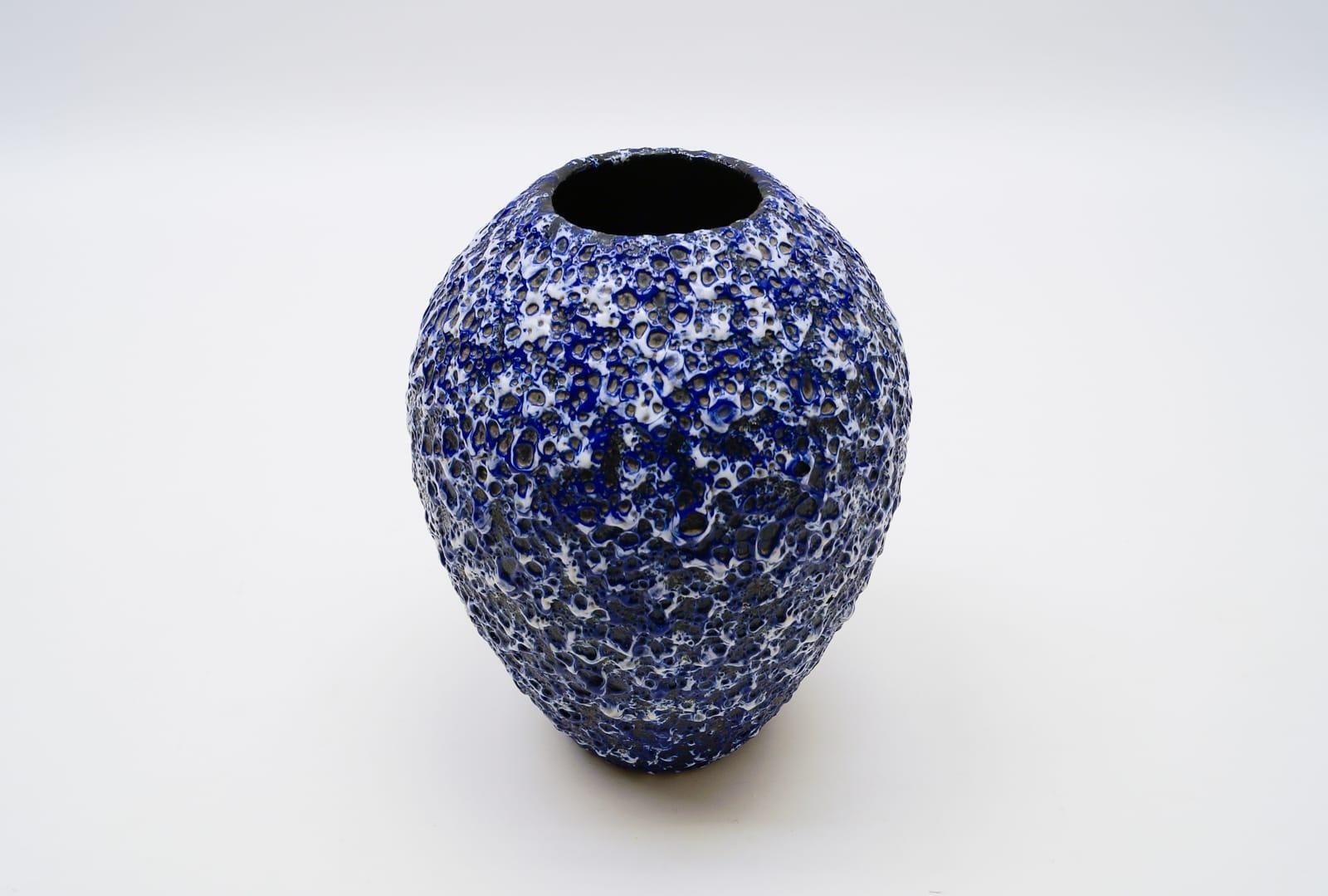 Very Rare Awesome Huge Blue And White Fat Lava Vase By Es Keramik, Germany 1950s photo for sale