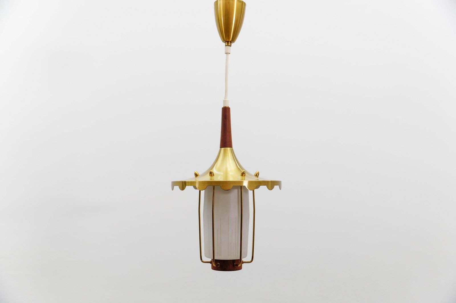 Lovely And Rare Scandinavian Teak, Opaline Glass And Brass Lamp, 1960s photo for sale