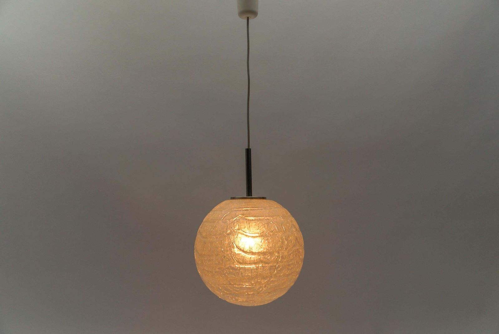 Large Ice Glass Ball Pendant Lamp By Doria, 1960s Germany photo for sale