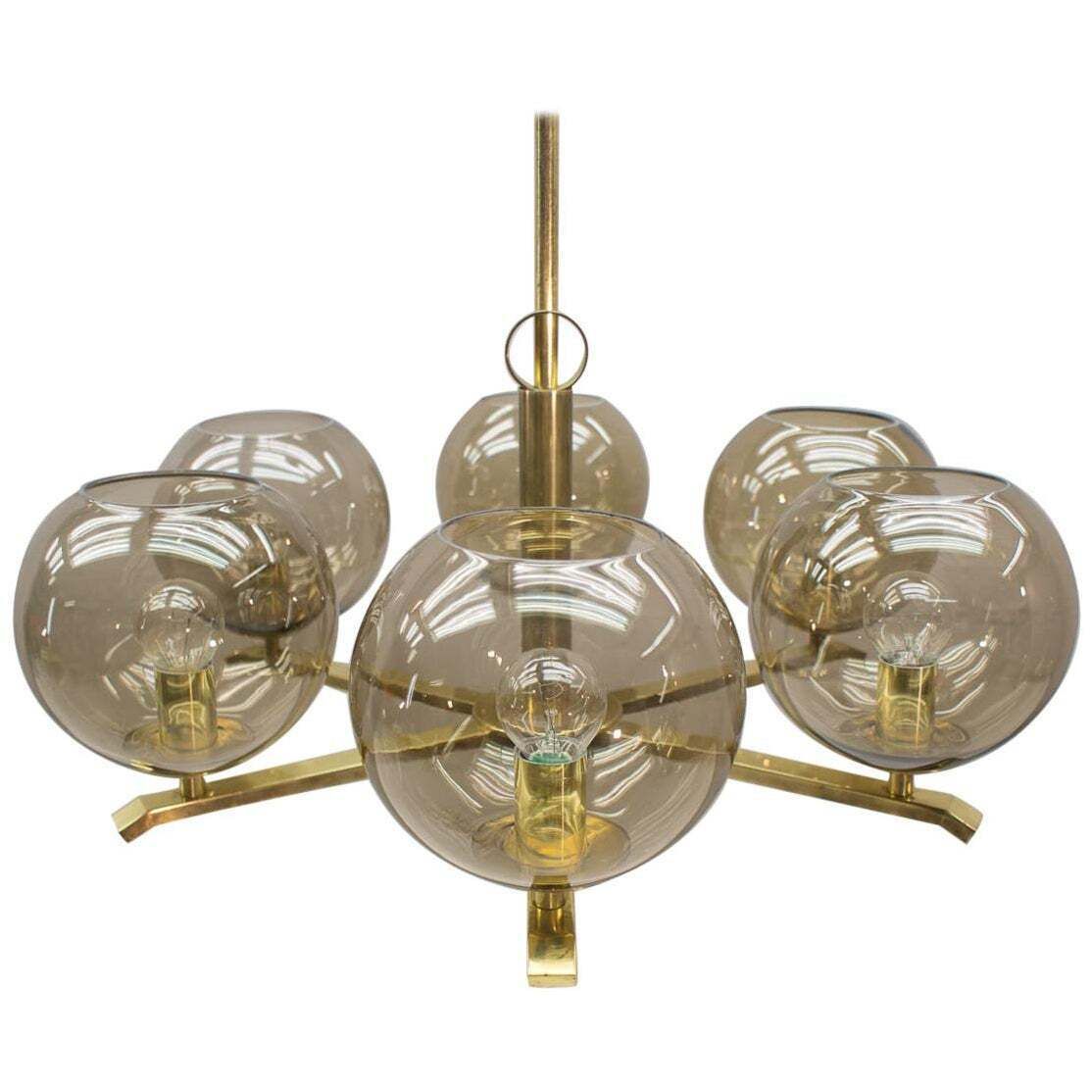 Elegant 1960s Brass Ceiling Lamp With 8 Smoked Glass Globes, Germany