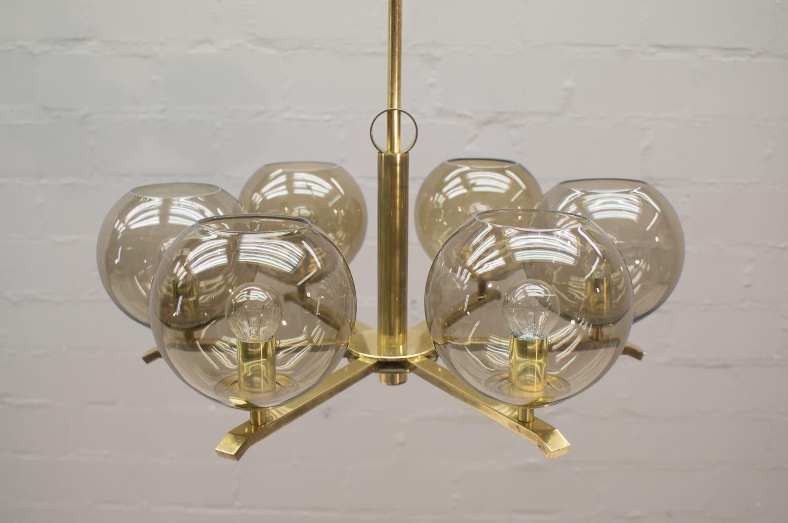 Elegant 1960s Brass Ceiling Lamp With 8 Smoked Glass Globes, Germany photo buy