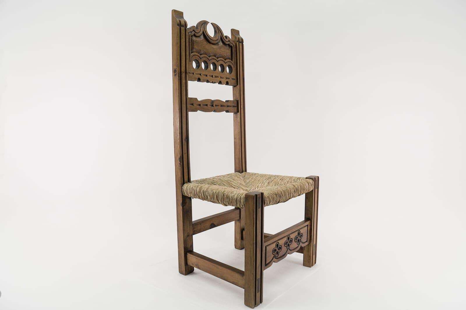 Great Hand Carved Wooden High Back Chair With Sea Grass Seat From Spain, 1960s photo furniture