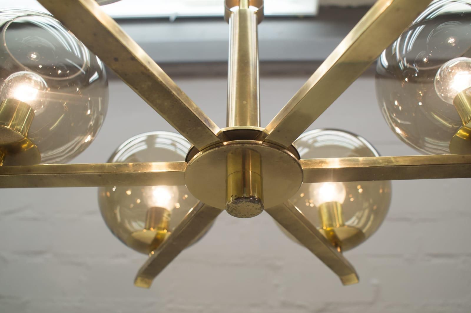 photo buy Elegant 1960s Brass Ceiling Lamp With 8 Smoked Glass Globes, Germany