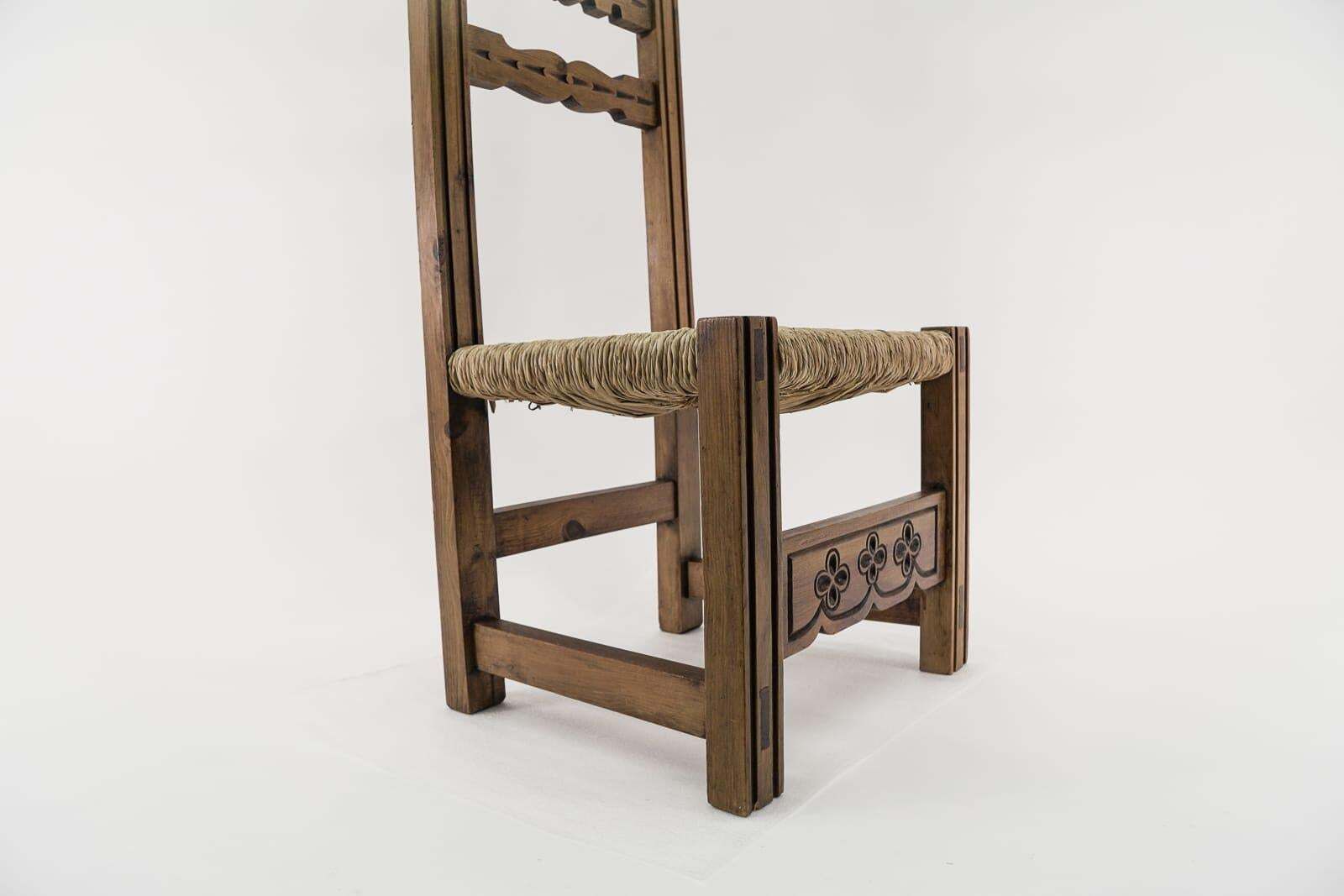 Furniture Great Hand Carved Wooden High Back Chair With Sea Grass Seat From Spain, 1960s photo