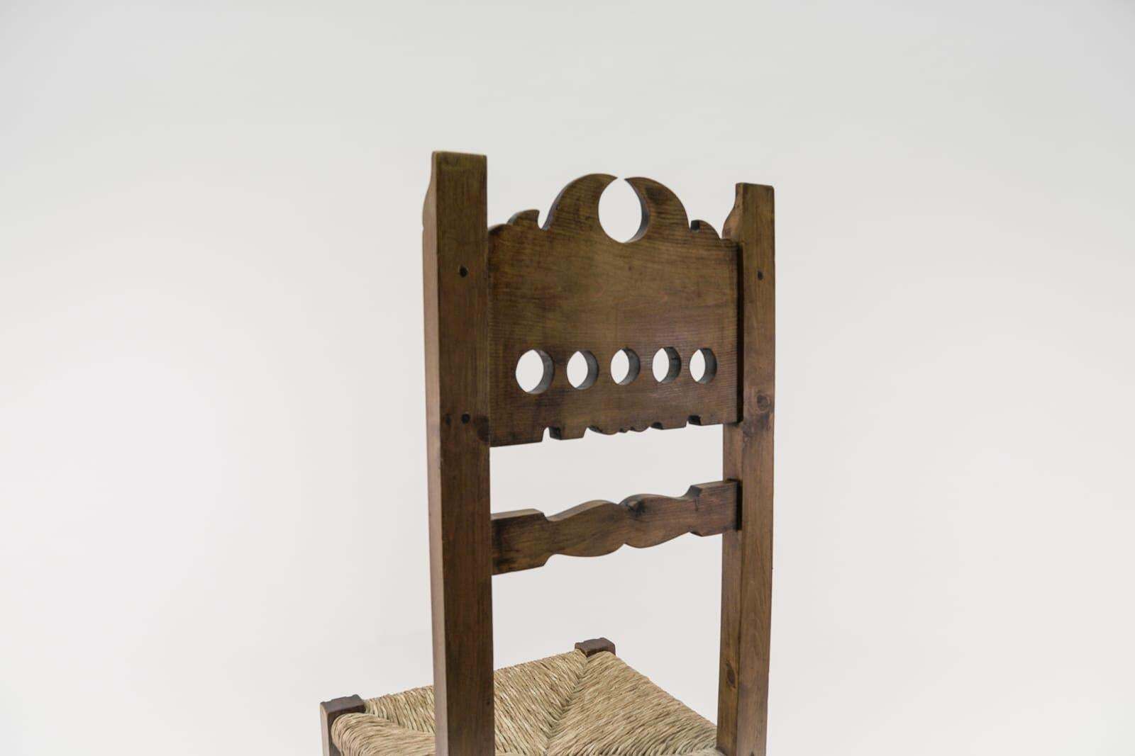 1189.0 Great Hand Carved Wooden High Back Chair With Sea Grass Seat From Spain, 1960s photo