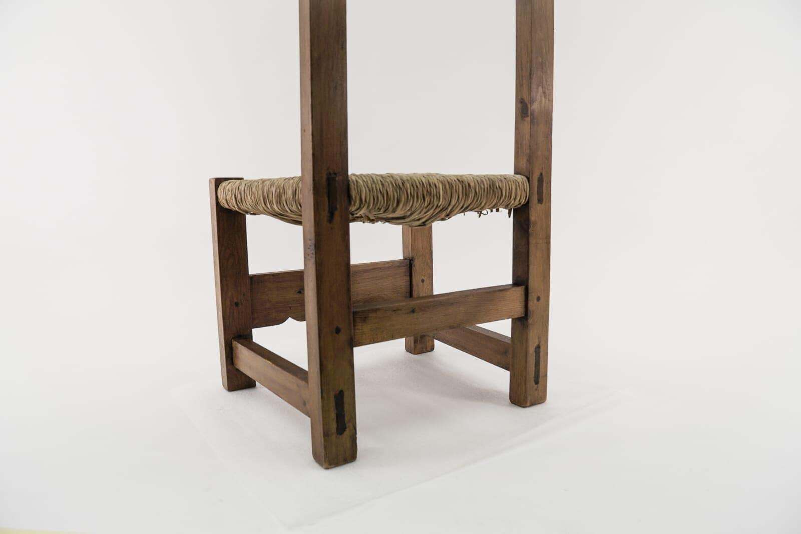 photo vinterior Great Hand Carved Wooden High Back Chair With Sea Grass Seat From Spain, 1960s