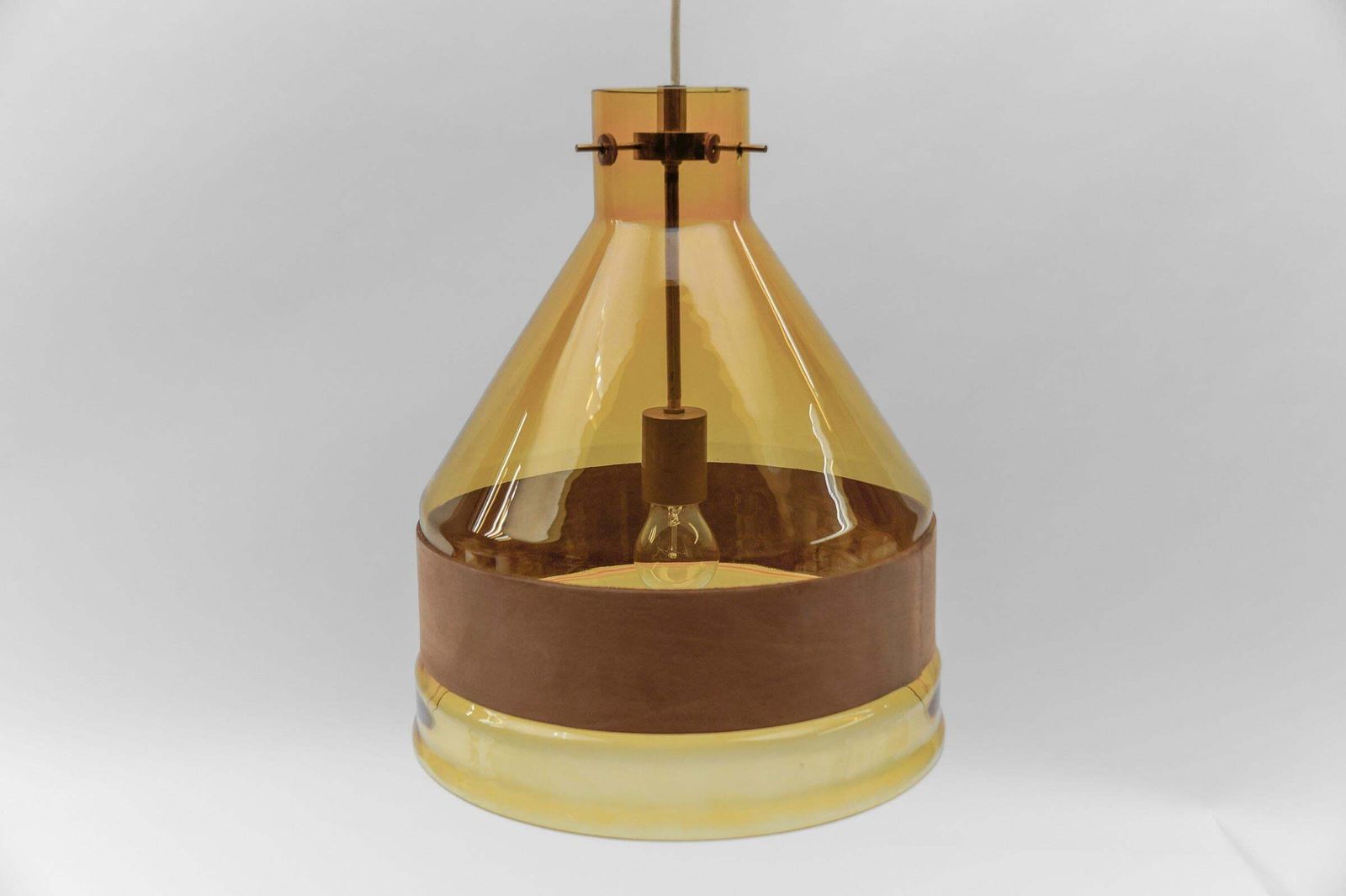 Huge J.T. Kalmar Yellow Tinted Glass Pendant Lamp With Leather, Austria 1970s photo Lighting