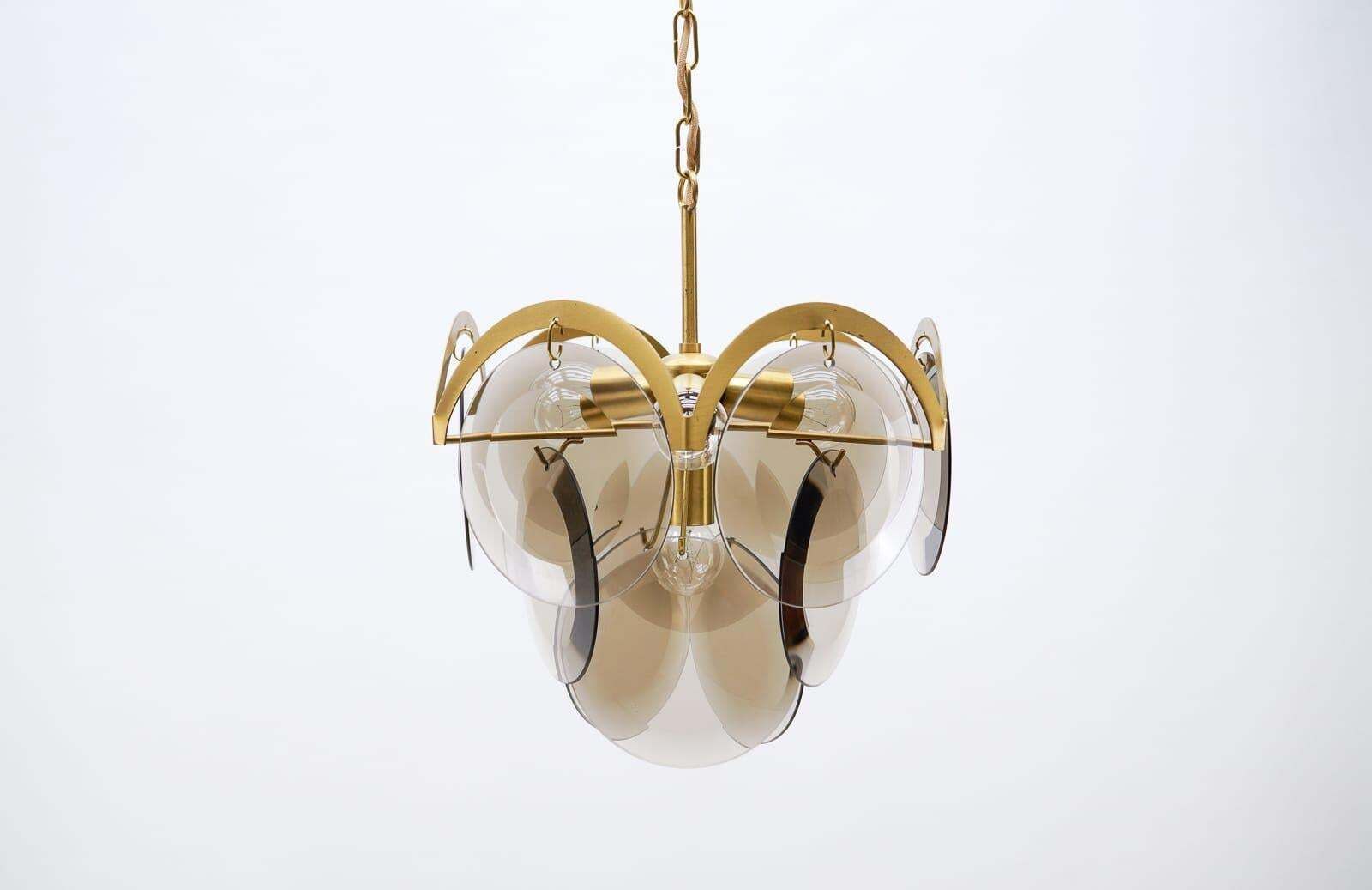 Very Elegant & Delicate Hanging Lamp With Smoked Glass Panes, 1960s Italy photo for sale