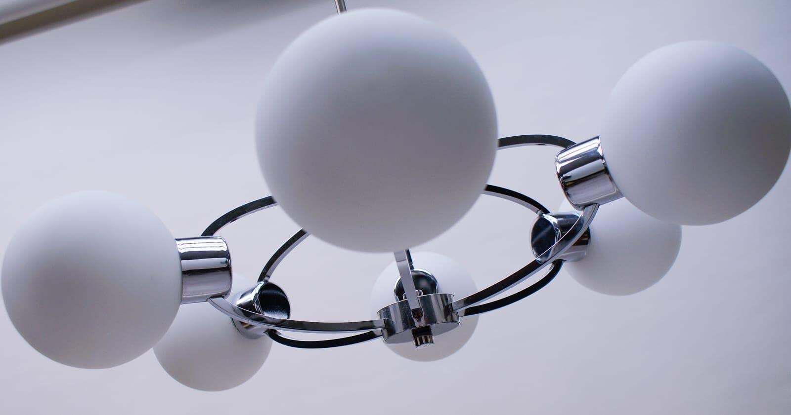 Elegant 1960s Chrome Ceiling Lamp With 6 Opaline Glass Globes photo for sale