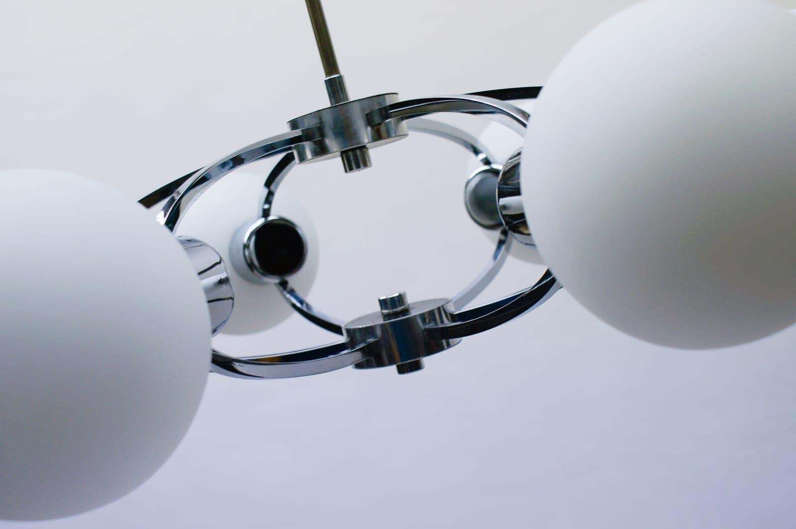Elegant 1960s Chrome Ceiling Lamp With 6 Opaline Glass Globes photo Lighting