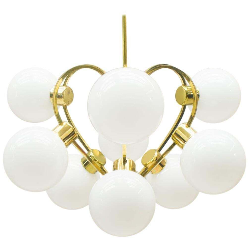 Elegant 1960s Brass Ceiling Lamp With 9 Opaline Glass Globes