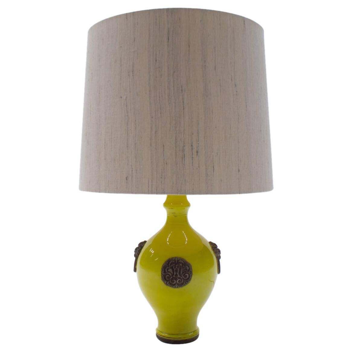 Oatmeal And Yellow Gilt Glazed Ceramic Table Lamp By Ugo Zaccagnini, Italy 1960s