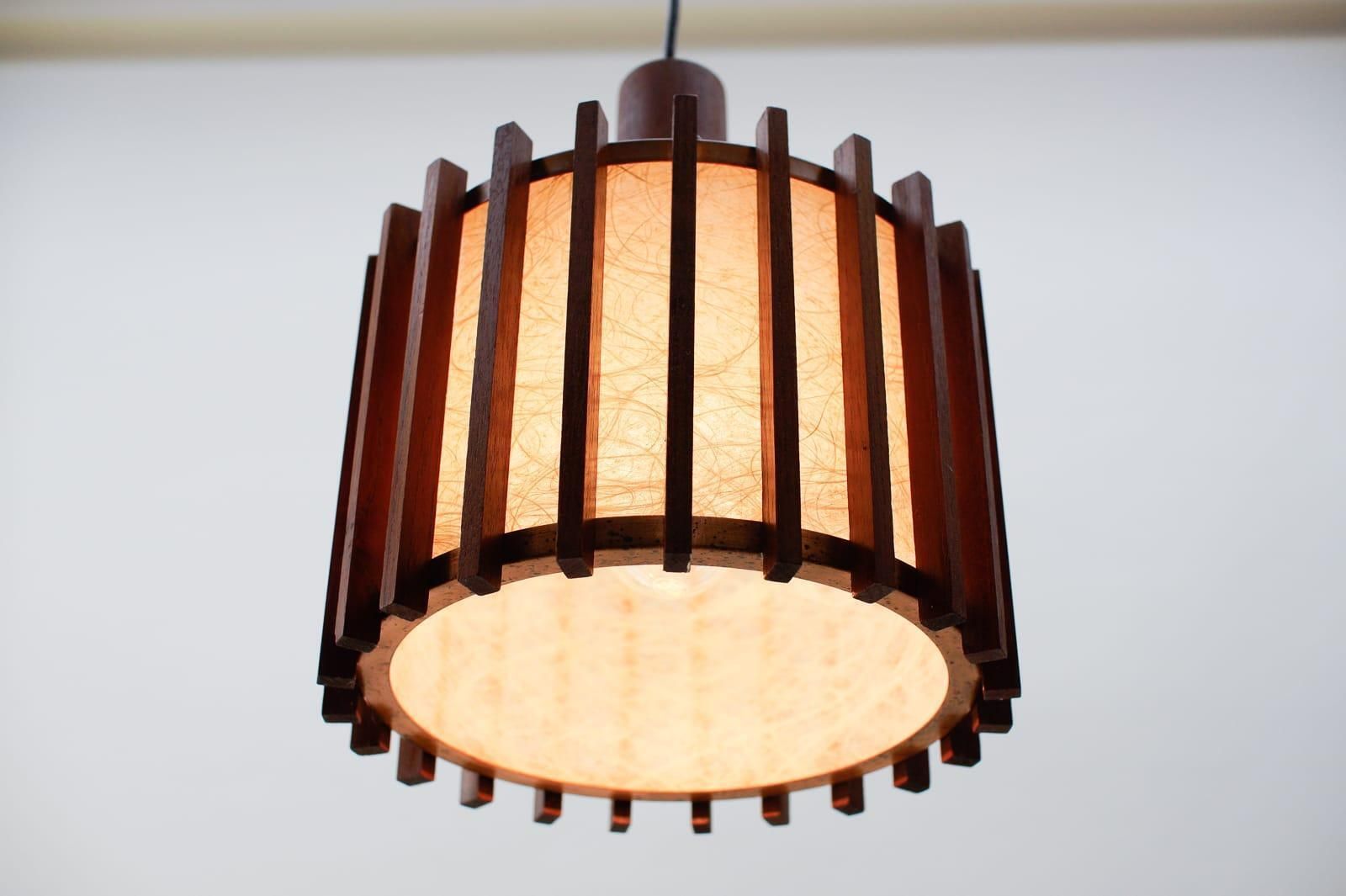 Pair Of Scandinavian Mid Century Modern Ceiling Lamps In Teak Wood And Copper photo 1274.0