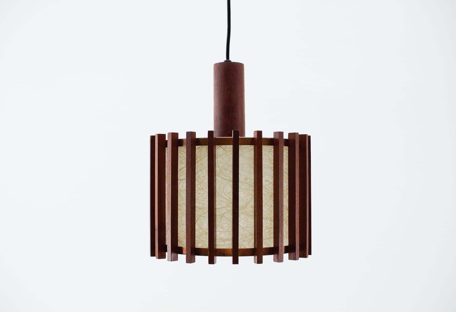 Pair Of Scandinavian Mid Century Modern Ceiling Lamps In Teak Wood And Copper photo vinterior