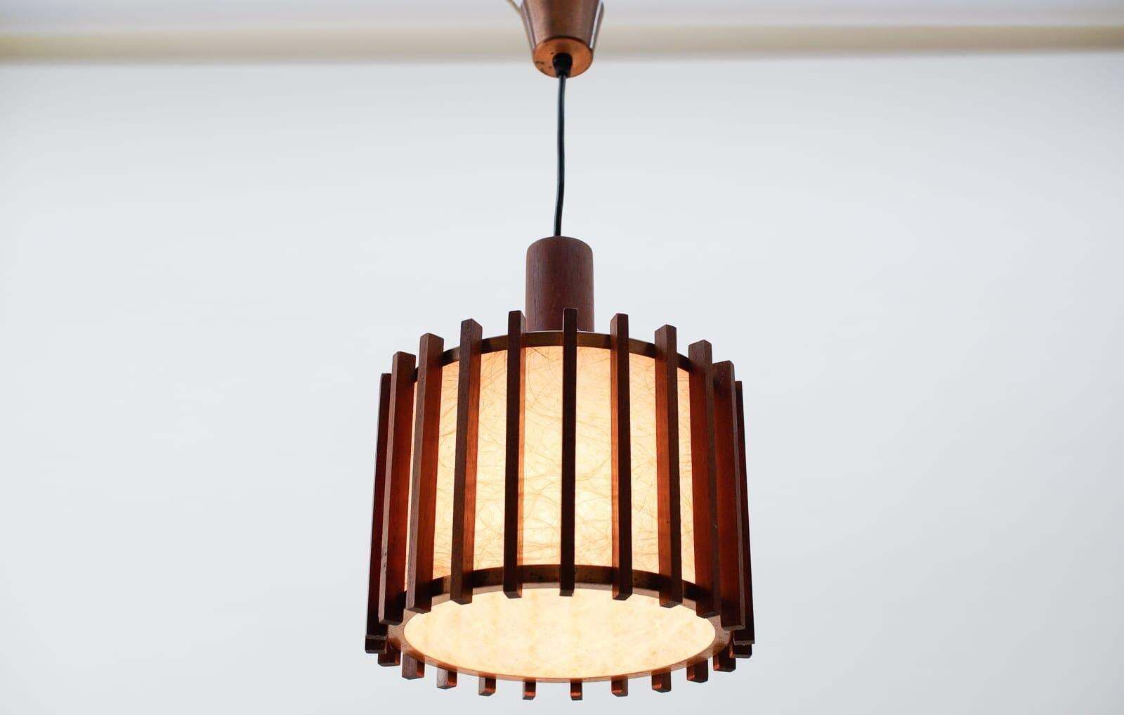 Pair Of Scandinavian Mid Century Modern Ceiling Lamps In Teak Wood And Copper photo buy