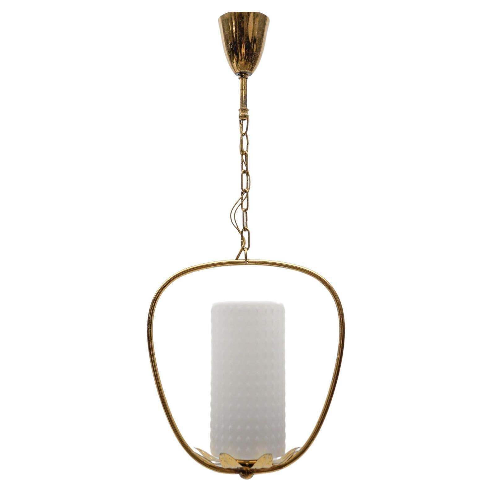 1. Of 2 Mid Century Modern Brass & Bubble Opal Glass Pendant Lamp, 1960s Austria