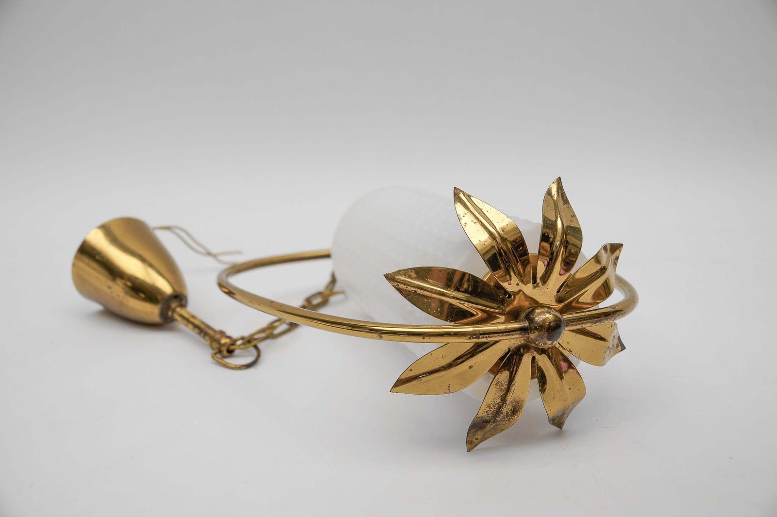 photo for sale 1. Of 2 Mid Century Modern Brass & Bubble Opal Glass Pendant Lamp, 1960s Austria