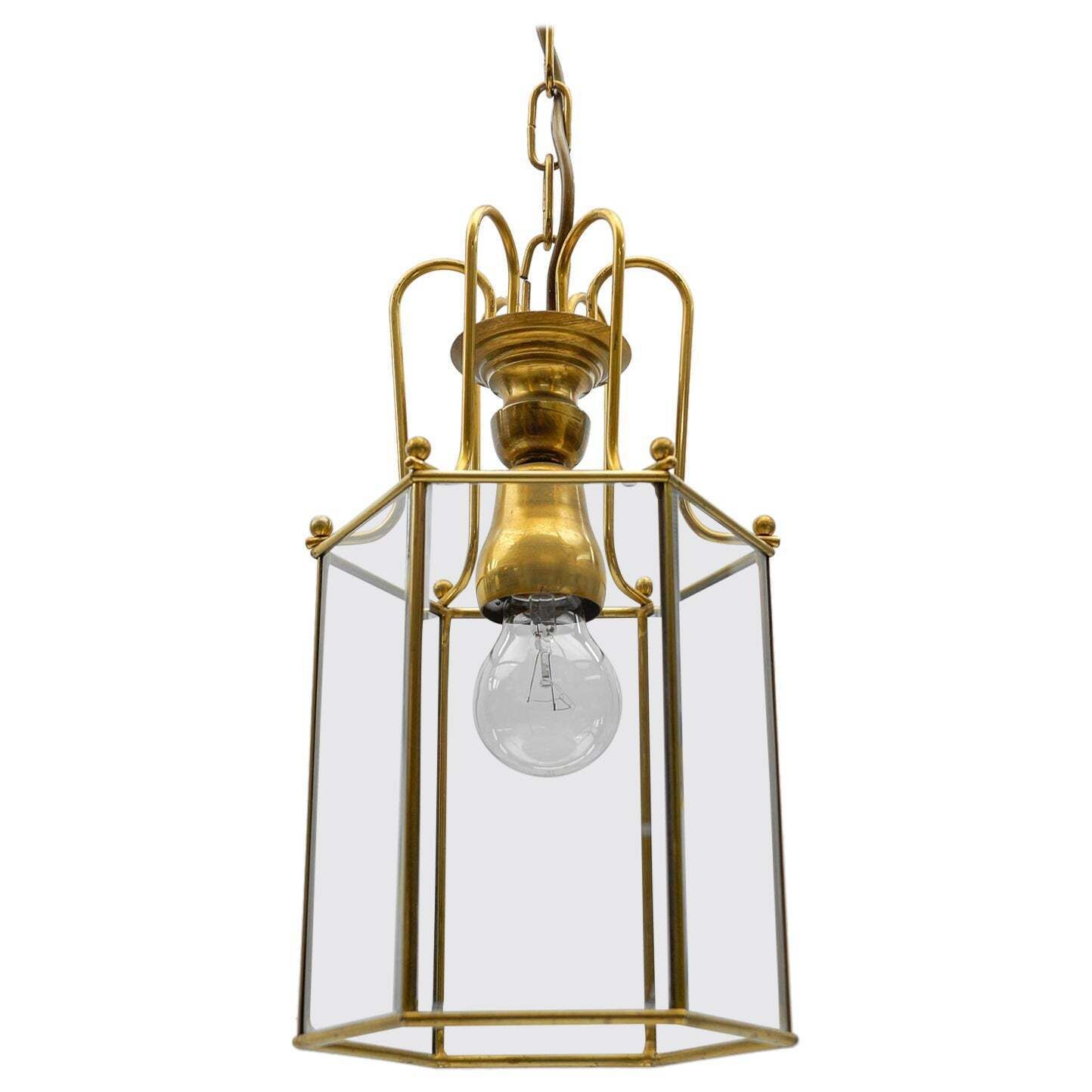 Art Deco Cut Glass Pendant Lamp In Brass, 1940s / 1950s