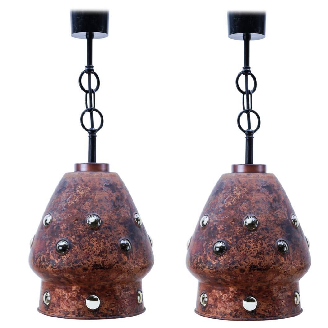 Pair Elegant Mid Century Modern Copper And Glass Bubbles Pendant Lamp, 1960s