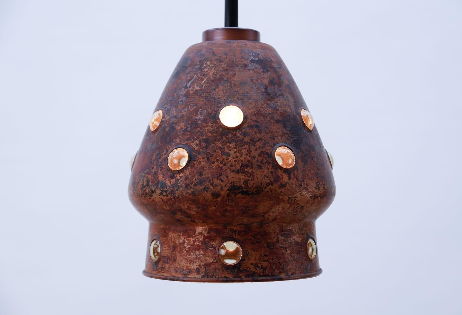Pair Elegant Mid Century Modern Copper And Glass Bubbles Pendant Lamp, 1960s photo for sale