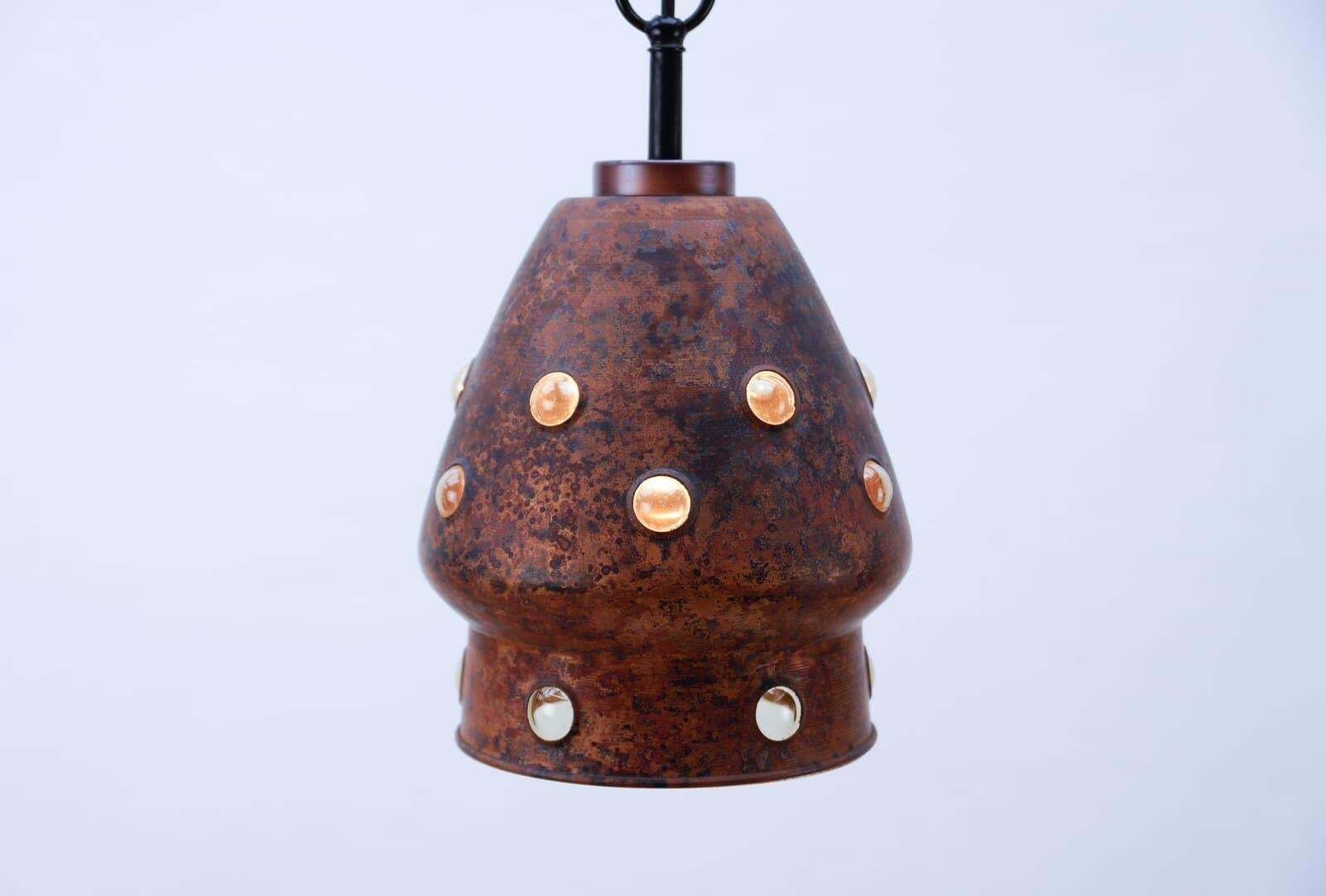 Pair Elegant Mid Century Modern Copper And Glass Bubbles Pendant Lamp, 1960s photo Lighting