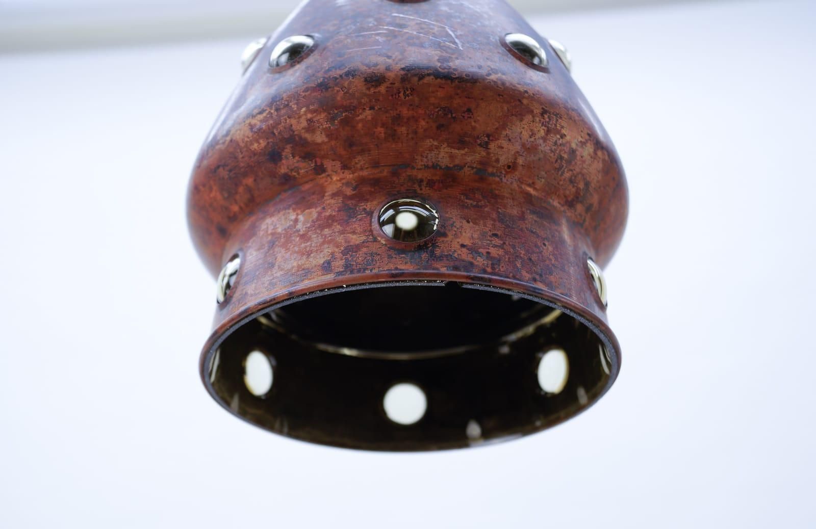 Pair Elegant Mid Century Modern Copper And Glass Bubbles Pendant Lamp, 1960s photo vinterior