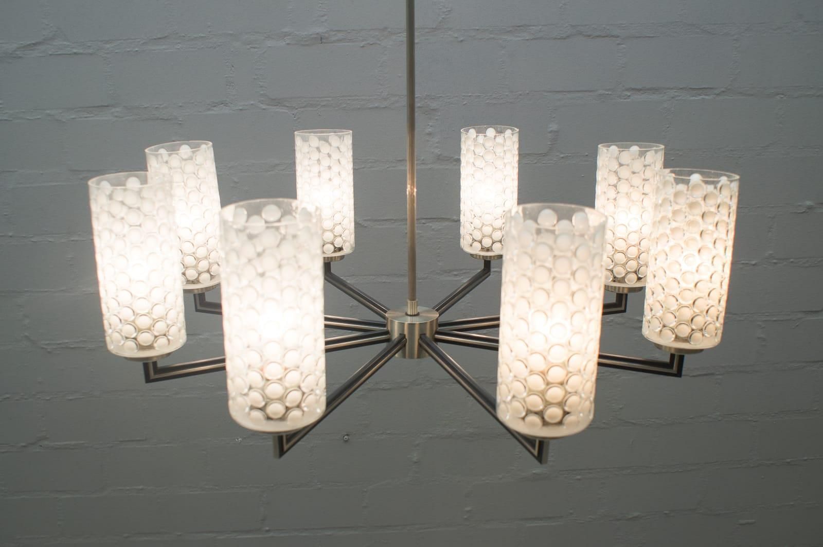 Rare Ceiling Lamp With 8 Bubbled Glass Shades, Kaiser Leuchten Germany, 1960s photo for sale