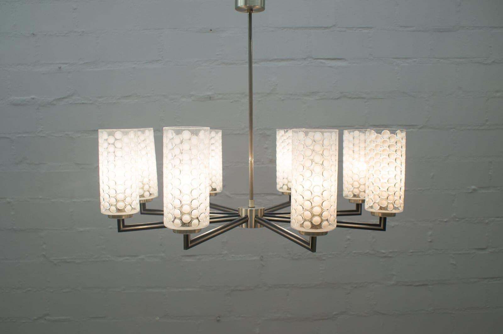 Rare Ceiling Lamp With 8 Bubbled Glass Shades, Kaiser Leuchten Germany, 1960s photo Lighting