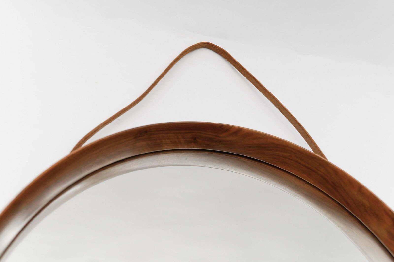 Lovely Round Wall Mirror In Teak And Leather, Sweden 1960s photo Home Decor