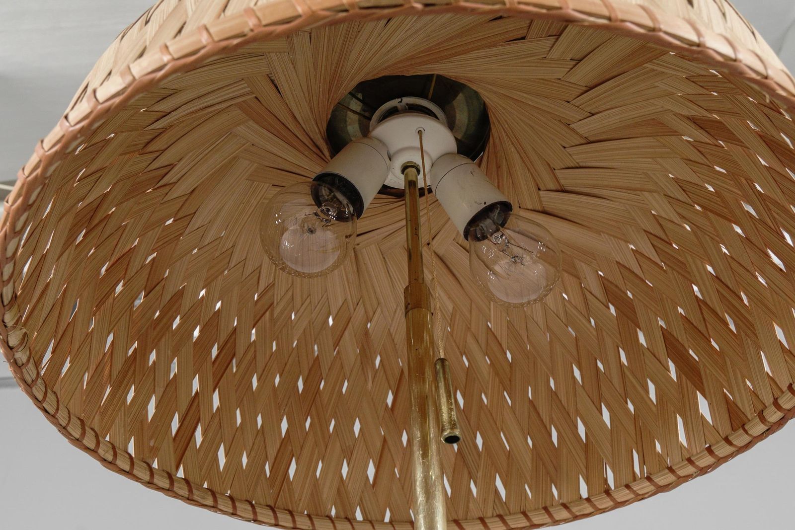 photo for sale Tripod Floor Lamp In Brass And Wicker Shade, 1950s Italy