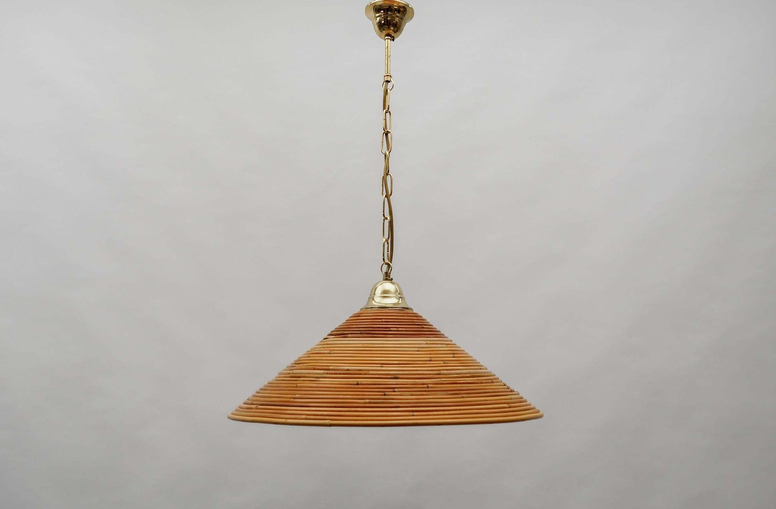 Lovely Mid Century Modern Pendant Light Made In Rattan And Brass , 1950s photo furniture