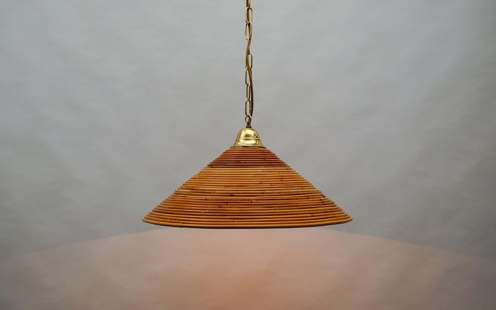 photo furniture Lovely Mid Century Modern Pendant Light Made In Rattan And Brass , 1950s