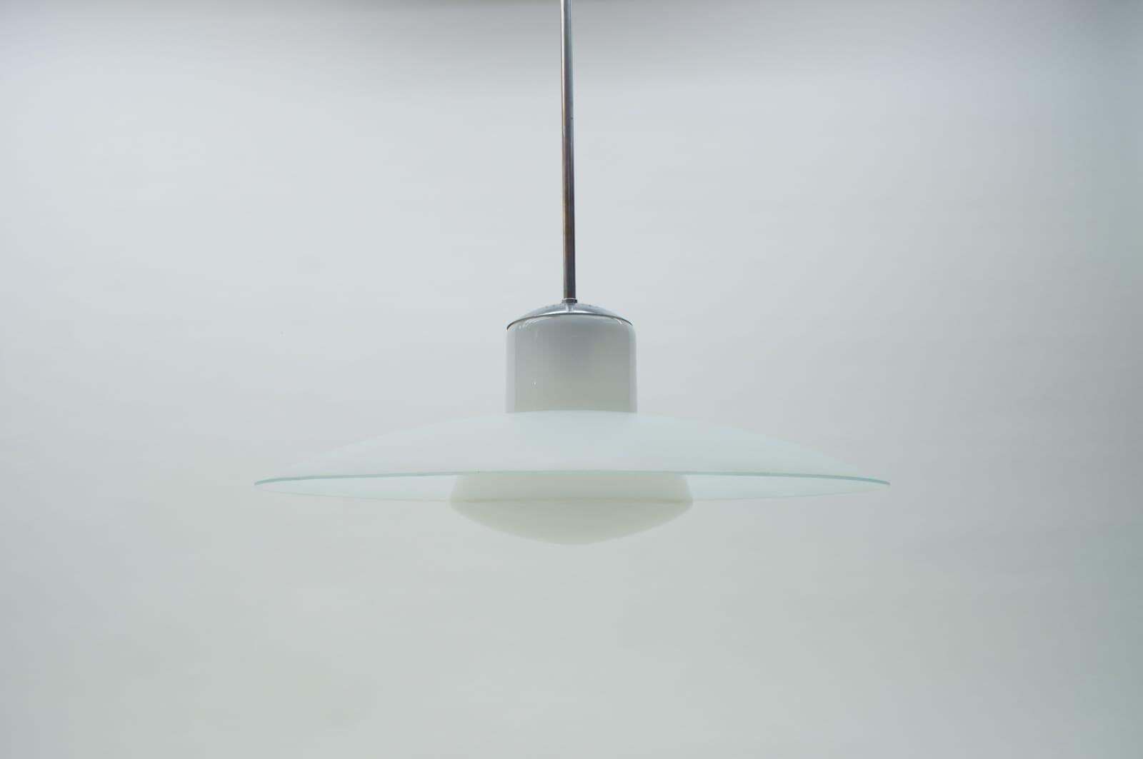 Bauhaus Double Opal And Frosted Glass Shade Ceiling Lamp From Doria, 1940s photo for sale