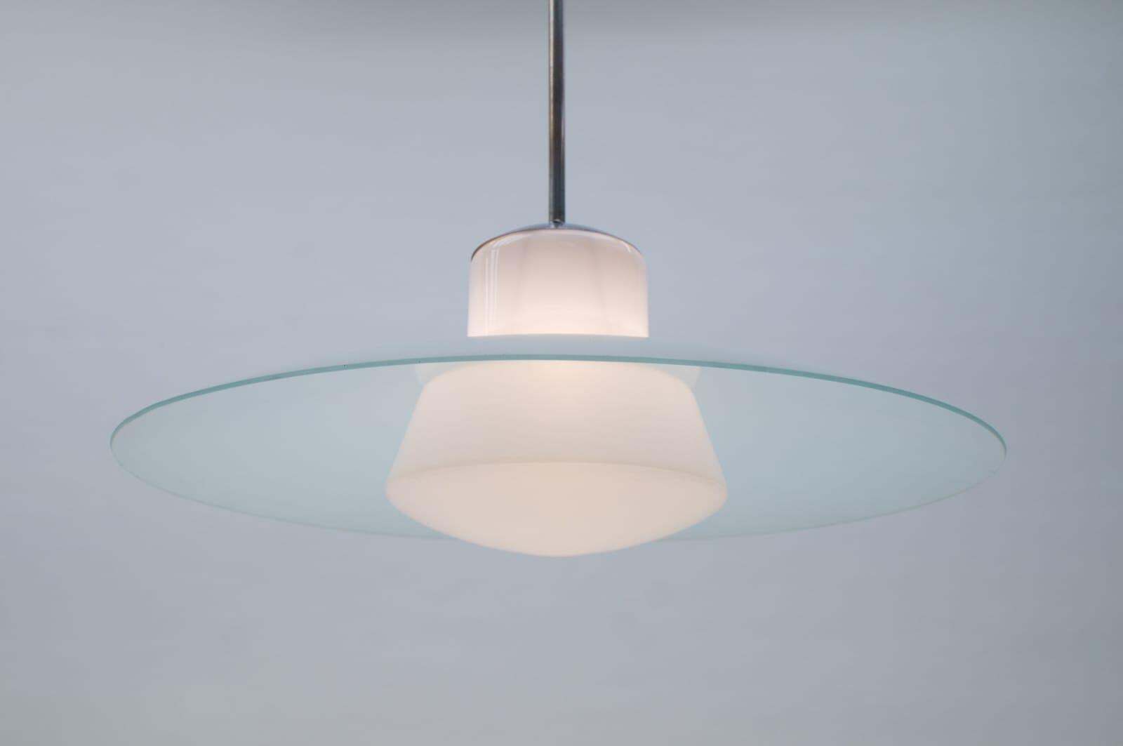 Bauhaus Double Opal And Frosted Glass Shade Ceiling Lamp From Doria, 1940s photo vinterior