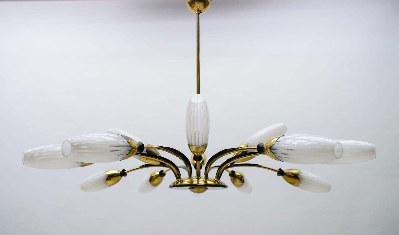 Mid Century Italian Brass And Glass 12 Arm Sputnik Ceiling Lamp, 1950s photo furniture