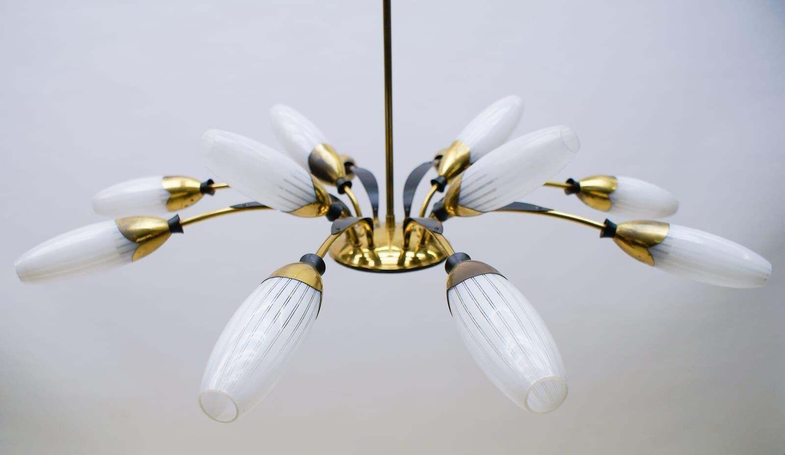 Mid Century Italian Brass And Glass 12 Arm Sputnik Ceiling Lamp, 1950s photo for sale