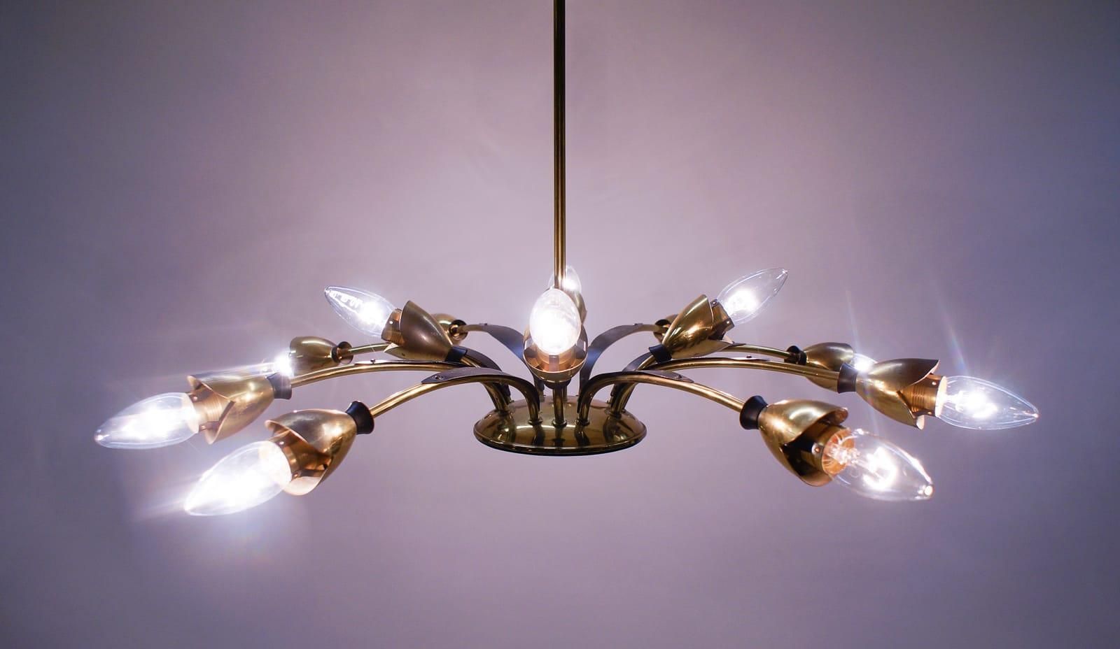 Mid Century Italian Brass And Glass 12 Arm Sputnik Ceiling Lamp, 1950s photo vintage