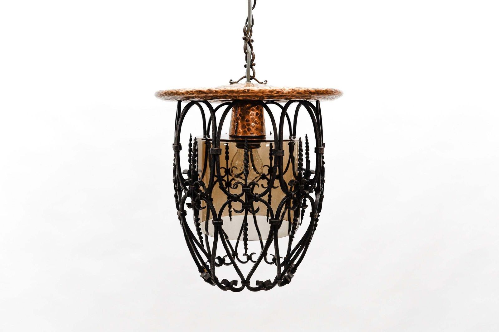 Mid Century Modern Ceiling Lamp Made In Iron, Copper And Glass, 1950s photo vinterior