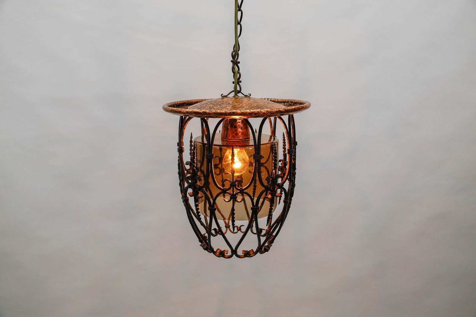 photo for sale Mid Century Modern Ceiling Lamp Made In Iron, Copper And Glass, 1950s