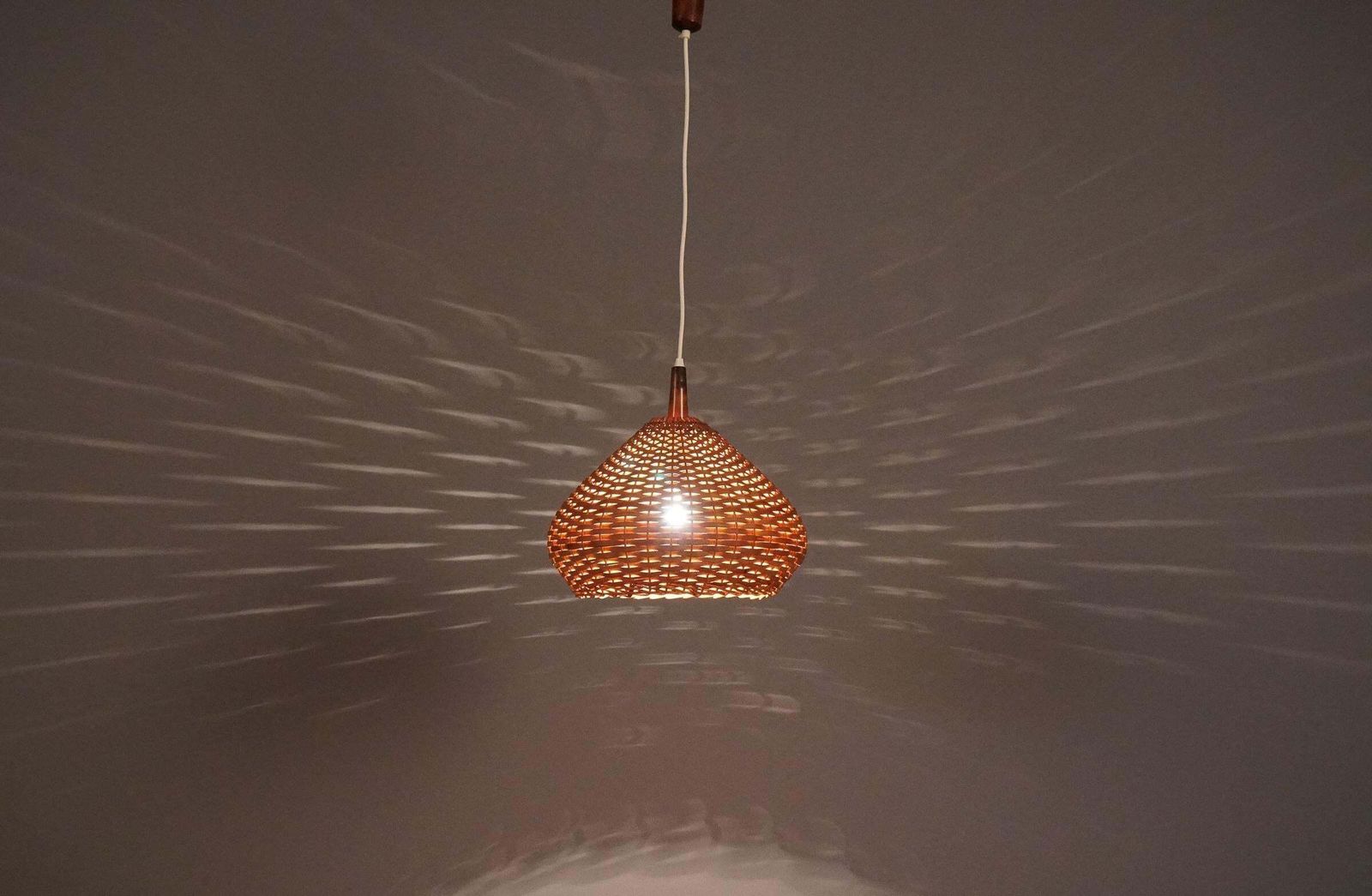 Lovely Mid Century Modern Wicker Pendant Light, 1960s photo vinterior