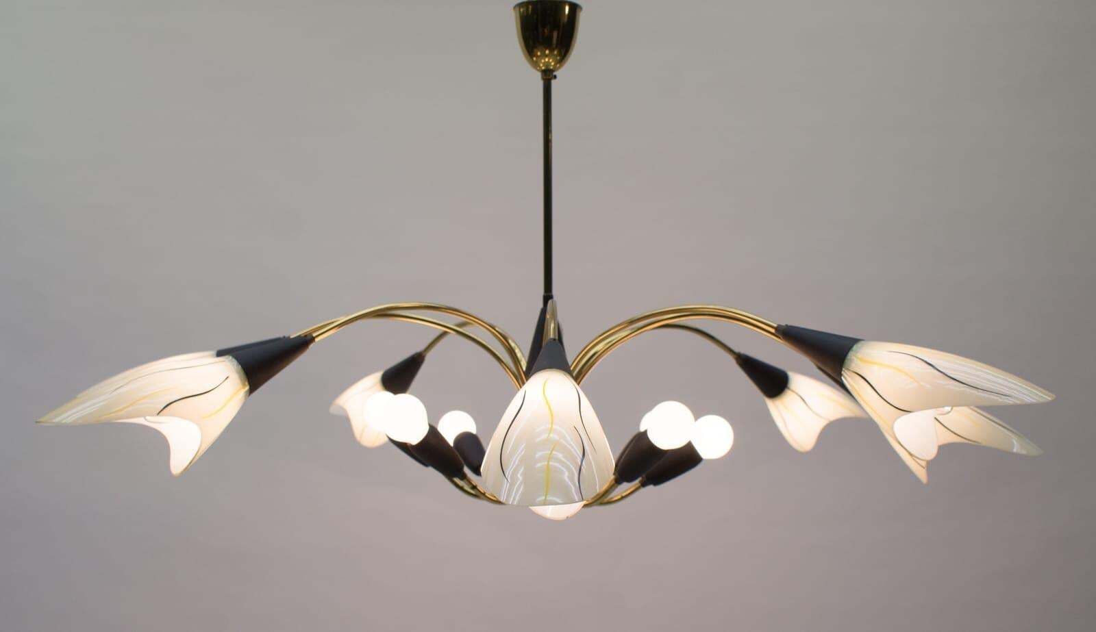 Mid Century Modern 16 Armed Brass And Glass Sputnik Lamp, 1950s photo Lighting