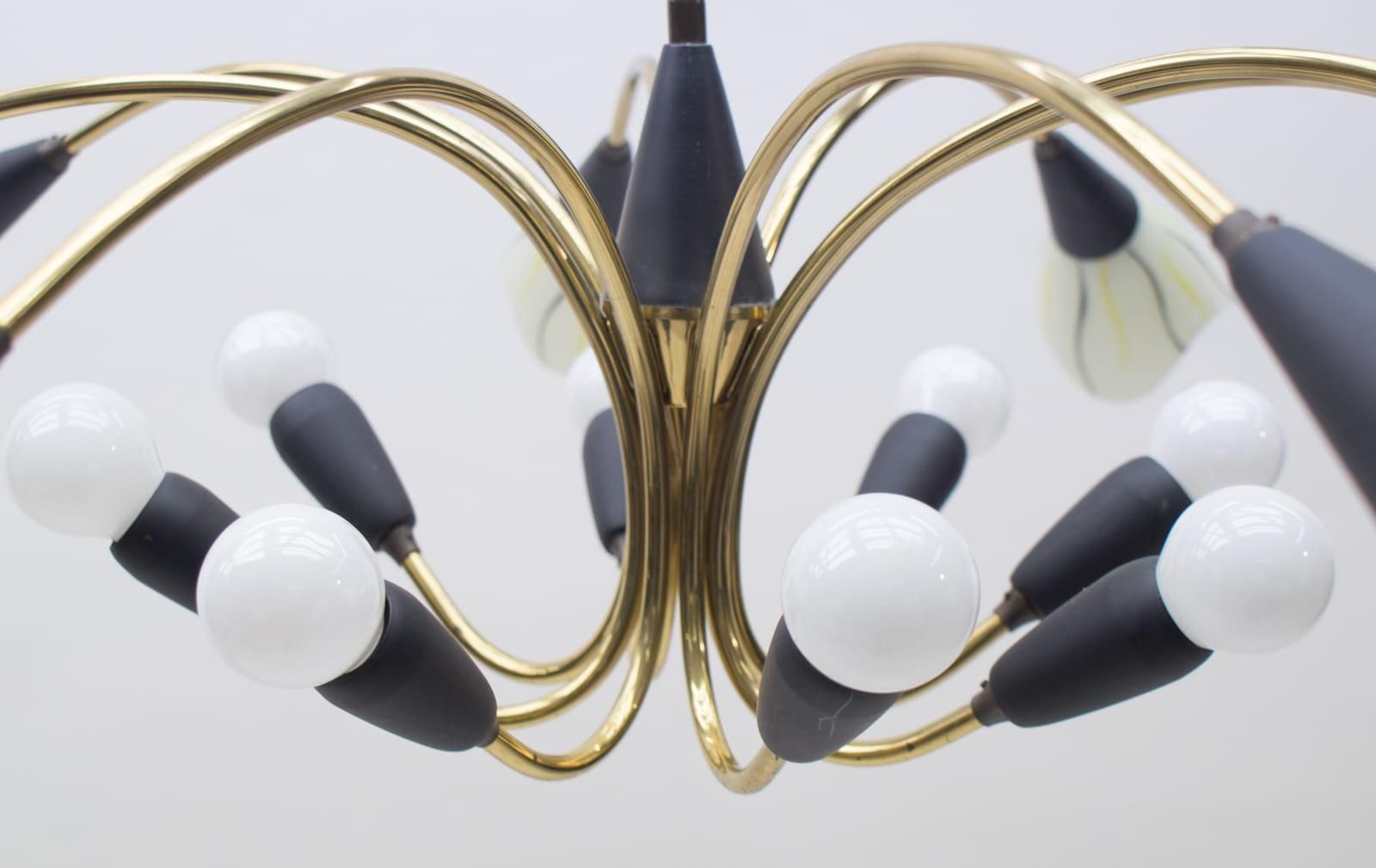 photo for sale Mid Century Modern 16 Armed Brass And Glass Sputnik Lamp, 1950s