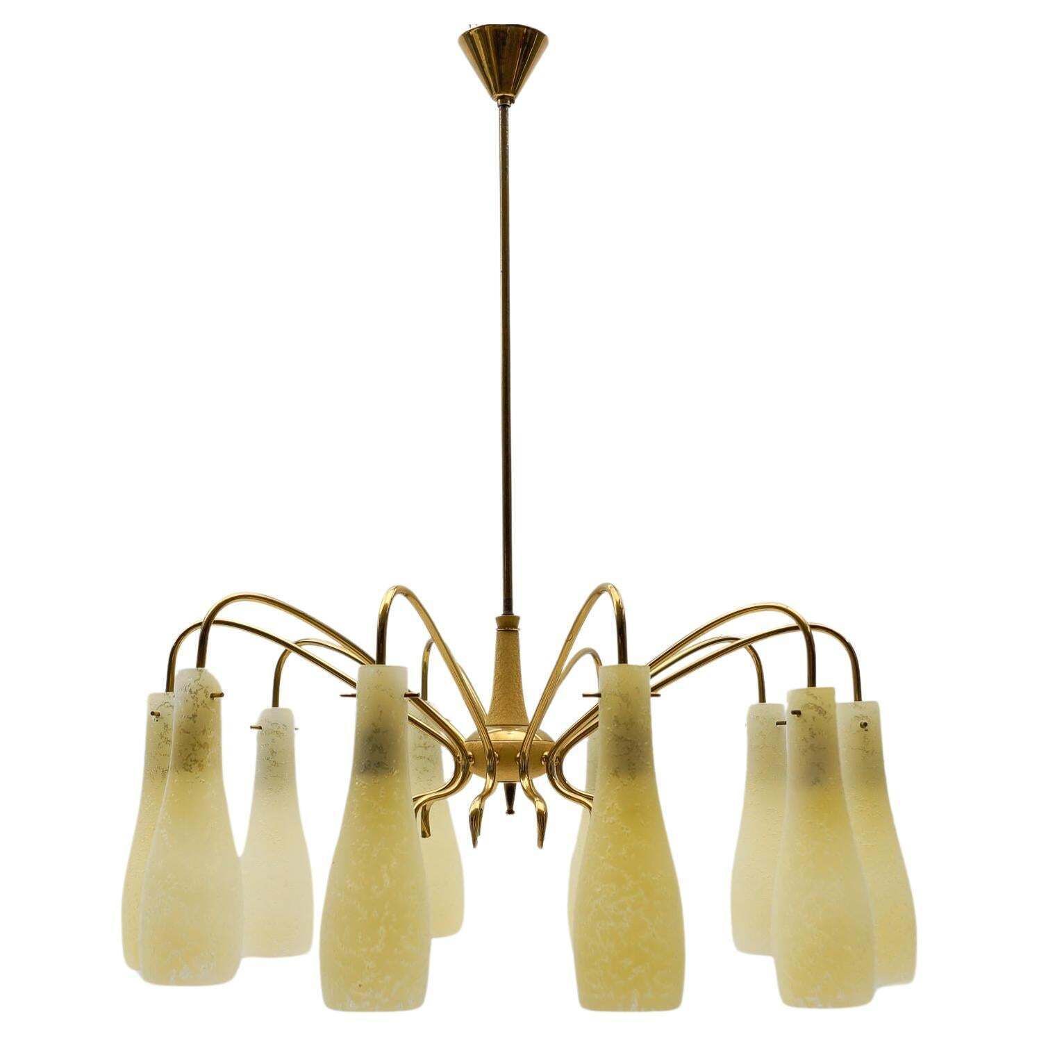 Brass & Glass Sputnik Chandelier With 10 Lights, 1950s Italy