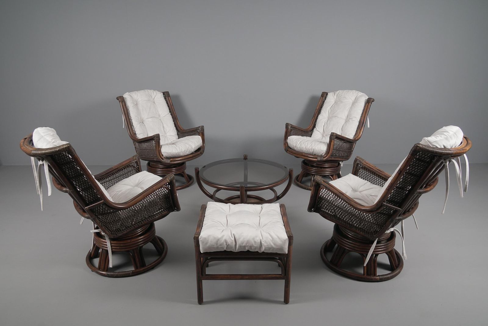 New Upholstered Rattan Seating Set, 4x Armchairs 1x Stool 1x Coffee Table, 1960s photo furniture