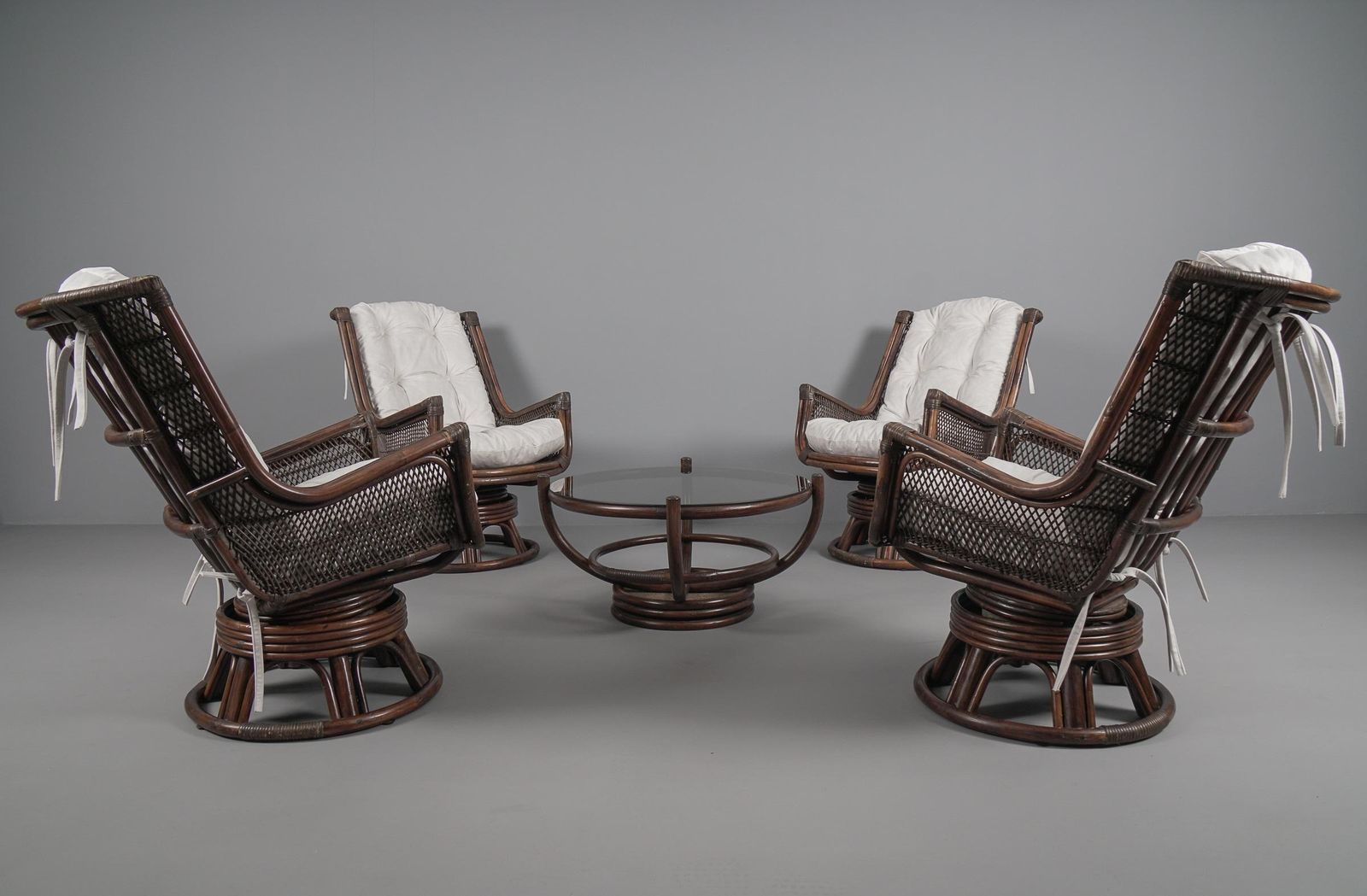 New Upholstered Rattan Seating Set, 4x Armchairs 1x Stool 1x Coffee Table, 1960s photo for sale